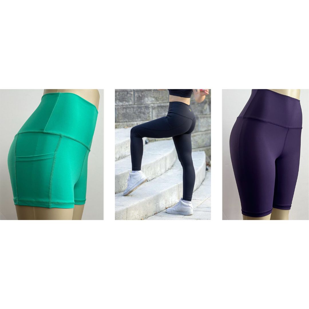 3 Item Bundle: 25% off 1 Long Legging + 1 Purple Biker Shorts + 1 Booty Shorts green